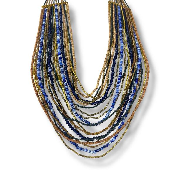 Chico’s Women’s Necklace Seed Bead Multi Strand Blue Navy Gold Tan 18” Length - Picture 4 of 10
